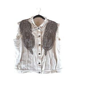 POL Embellished Denim Vest Cream Beige Oversized Beaded Studded Trucker‎ Jacket